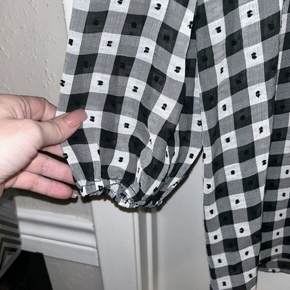 Nanette Lepore Black White Check Button up Semi-Sheer Balloon Sleeve Shirt Large - Picture 5 of 9